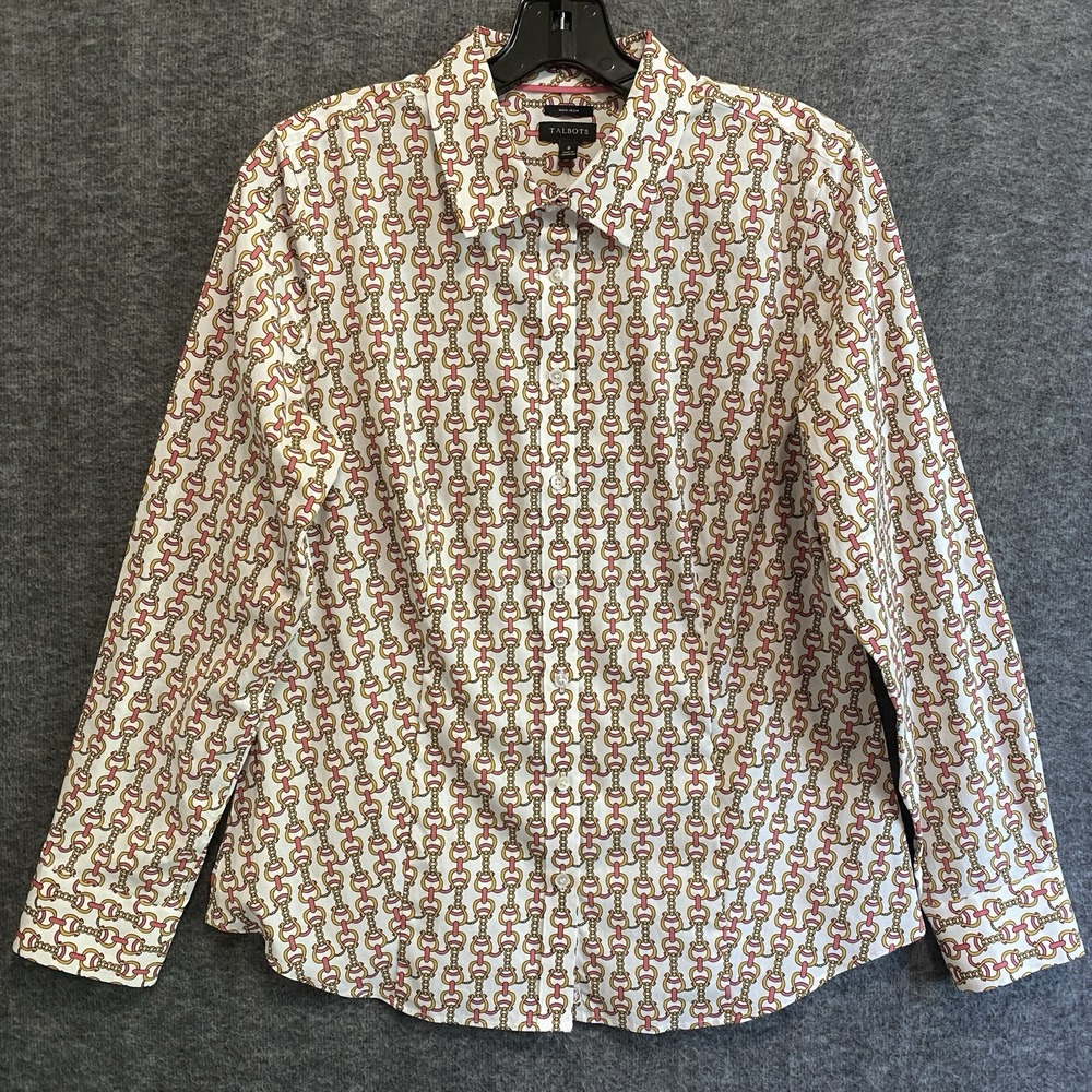 Talbots Top Womens 8 Pink Yellow‎ Chain Link Non Iron Button Shirt Office Career